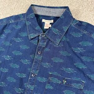 Carbon 2 Cobalt Button Down Shirt Mens L Blue Green Ikat Print Short Sleeve
